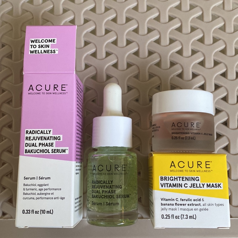 New ACURE facial duo vitaminC jelly mask & rejuvenating dual phase serum in box